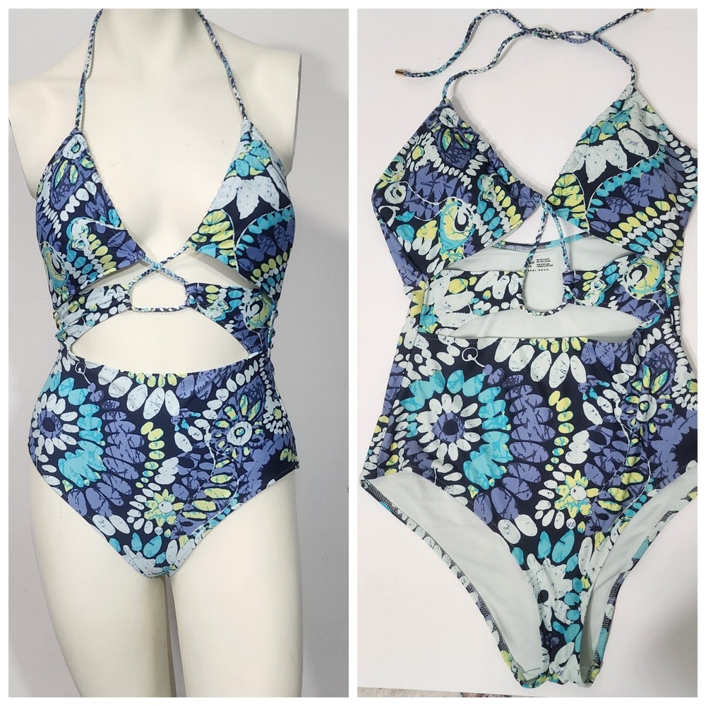 Aerie Real Good One Piece Cheeky Swimsuit Blue Floral Cutout Halter Medium